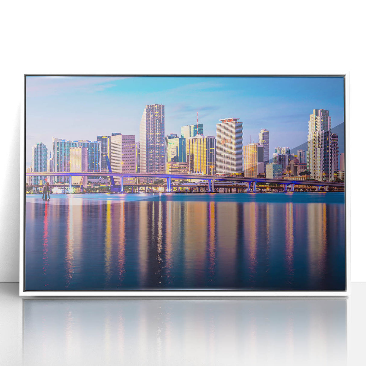 Art deco poster of Miami skyline in pastel shades on framed acrylic, suitable for modern art wall decor.