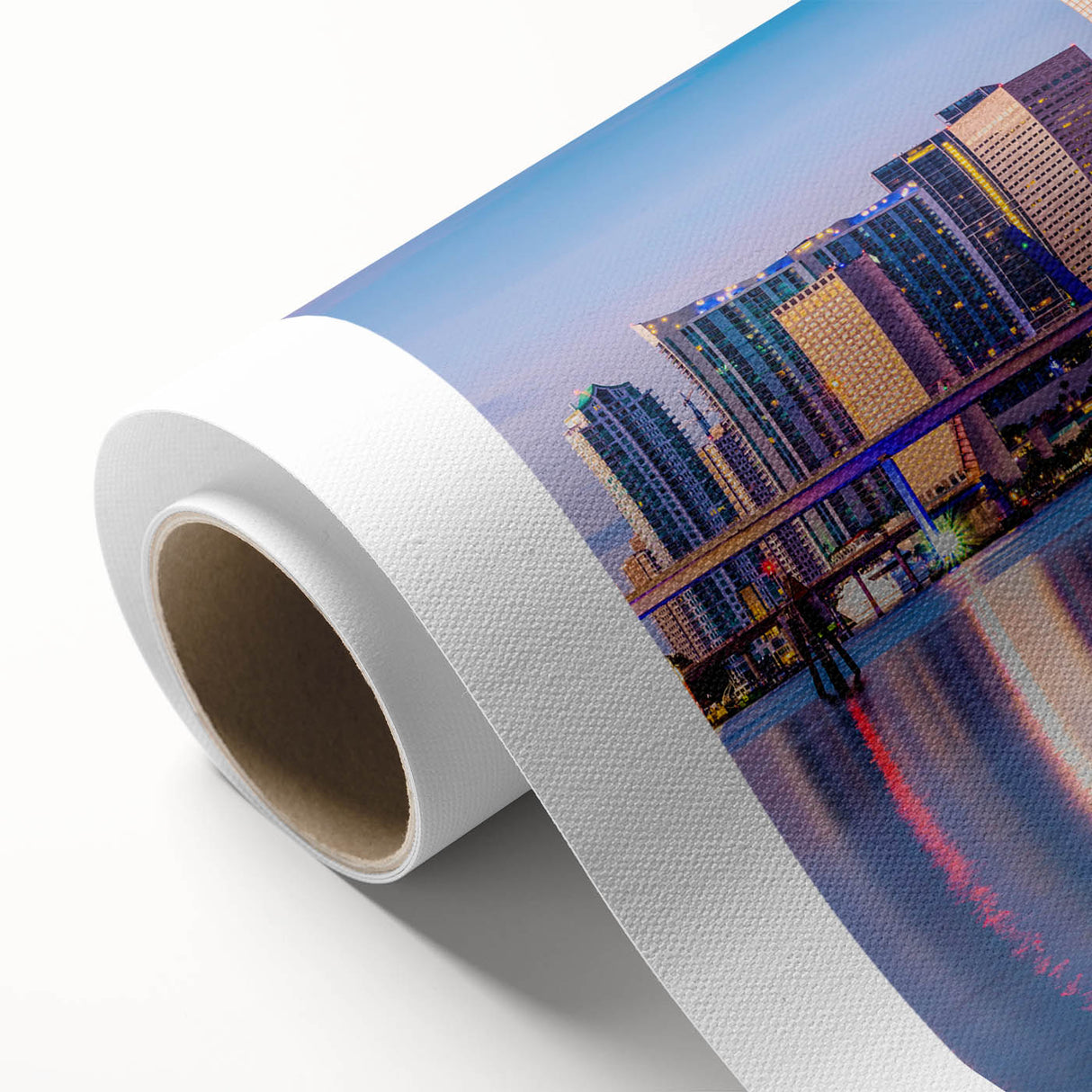 Art deco style Miami skyline on rolled canvas, featuring pastel shades, ideal for nursery wall art.