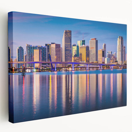 Side view of a stretched canvas featuring a vibrant Miami skyline, ideal for kitchen wall art.