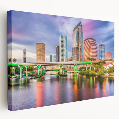 Large art print of Tampa skyline in muted blue and green hues on stretched canvas, suitable for kitchen wall art.