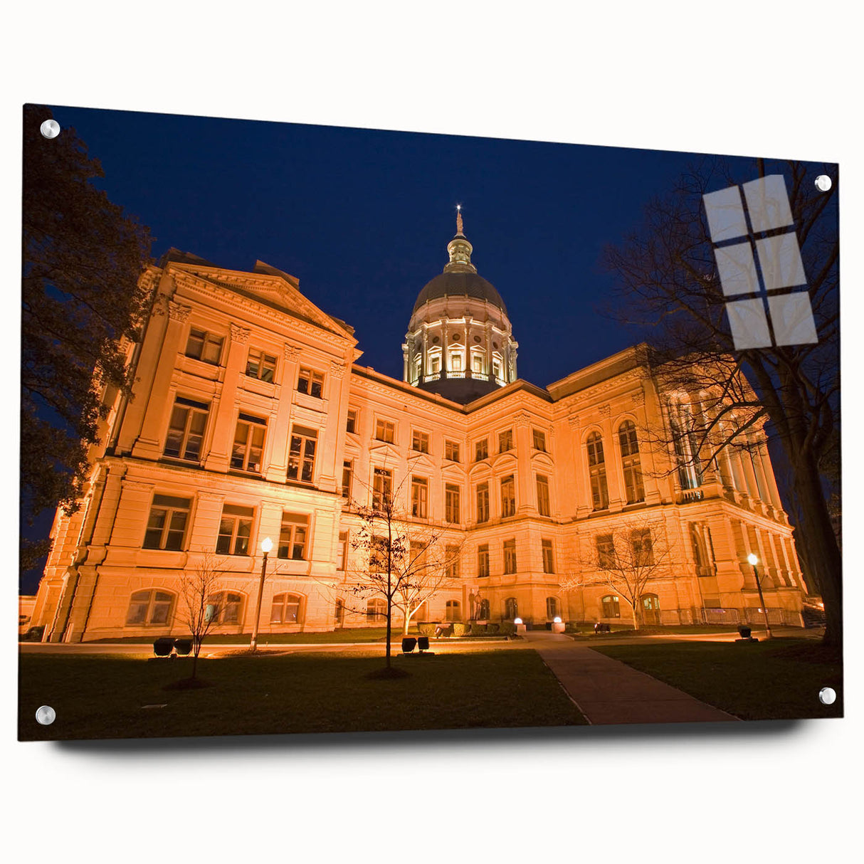 Acrylic print of Atlanta skyline in muted colors, suitable for bedroom or dining room decor.