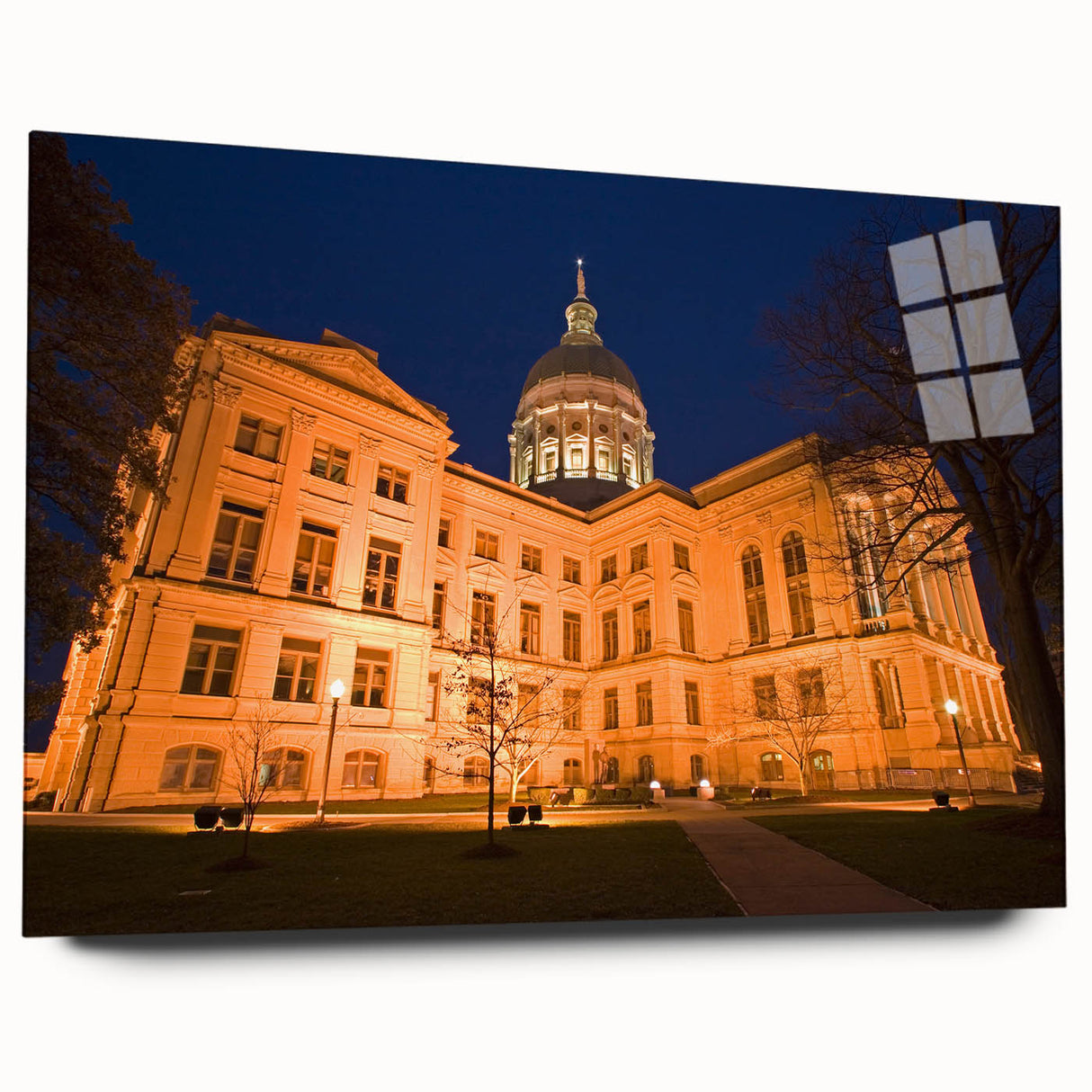 Acrylic print of the Atlanta skyline in muted blue and gray tones, suitable for bedroom or dining room decor.