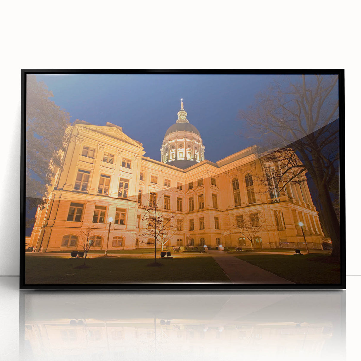 Large abstract wall art of Atlanta skyline in black and white on framed acrylic, suitable for modern living room decor.