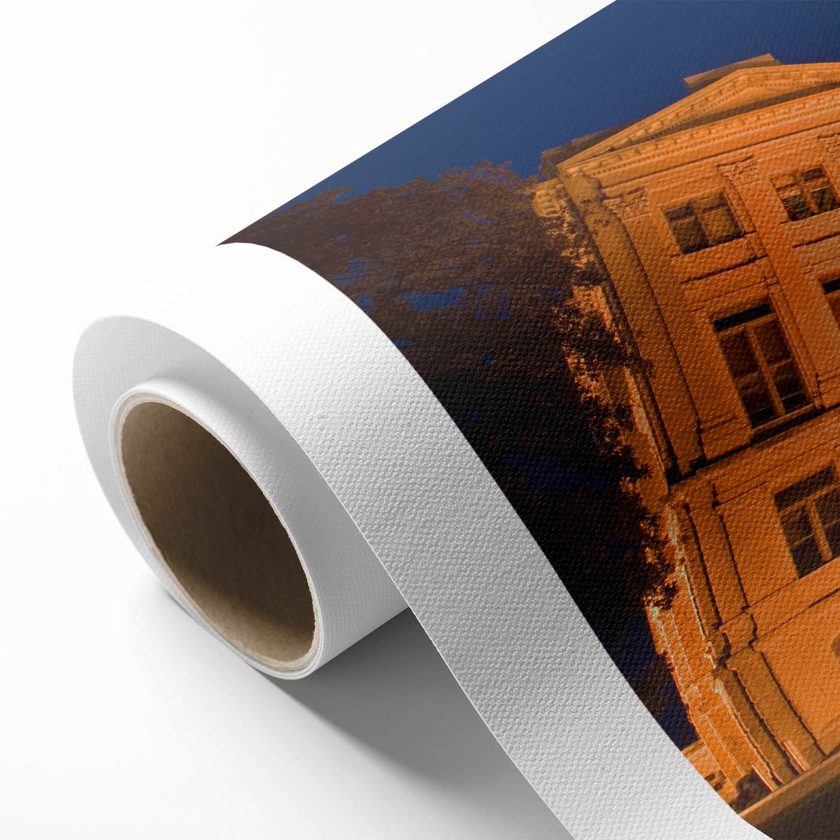 Art Deco-style Atlanta skyline on rolled canvas with pastel hues, ideal for nursery wall art.