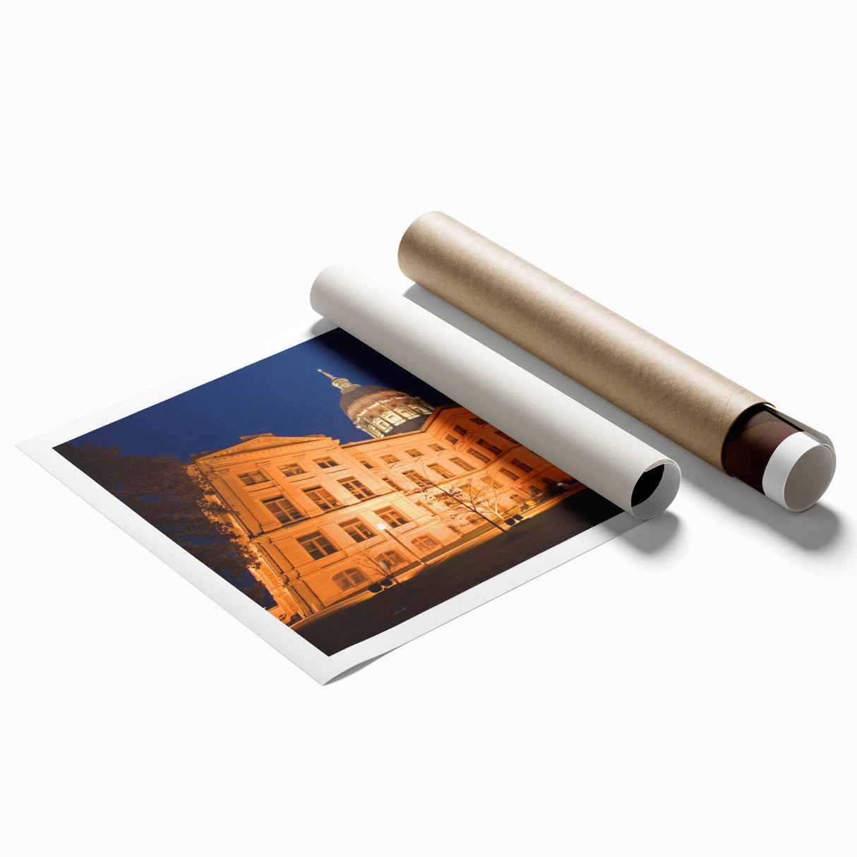 Rolled print of Atlanta skyline with muted blue and gray tones, ideal for classy bathroom wall art.