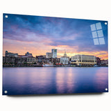 Acrylic print of Savannah, Georgia skyline in muted watercolor tones, suitable for dining room decor.