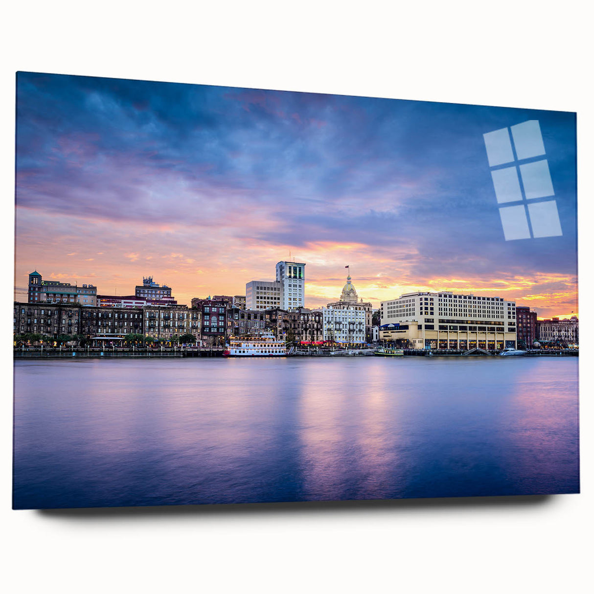 Acrylic glass print of a Savannah, Georgia landscape in muted green and brown tones.