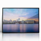 Large abstract wall art of Savannah cityscape in muted gray and blue tones, framed acrylic, ideal for modern office decor.