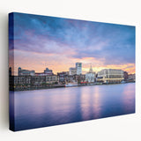 Savannah, Georgia cityscape in muted earth tones on stretched canvas, suitable for kitchen wall art.