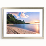 Textured art print of abstract Kauai scenery in muted green and blue tones, framed in silver, ideal for bedroom art.