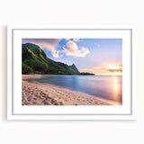 Abstract art print of Kauai landscape with vibrant green and blue tones on a framed white mat, ideal for dining room decor.