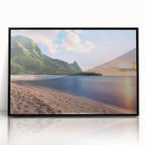 Large abstract wall art depicting the Kauai landscape in vibrant green and blue tones on a framed acrylic piece.