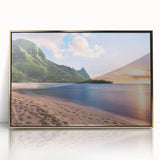 Framed acrylic print of Kauai scenery in muted green and blue tones, ideal for modern art wall decor.