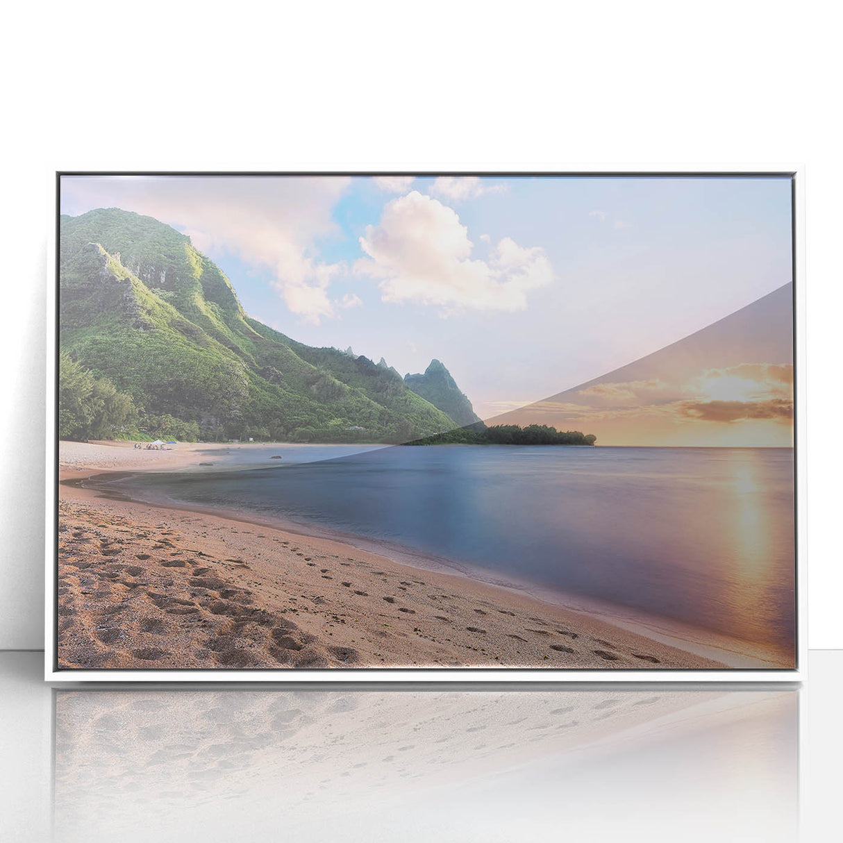 Acrylic print of a serene Kauai landscape in muted green and blue tones, framed in white, suitable for modern art wall decor.