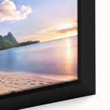 Extra large black wall art depicting a textured, colorful Kauai landscape on framed canvas, suitable for living room decor.