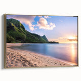 Framed canvas featuring a vintage-style landscape painting of Kauai, Hawaii in muted gold and black tones.