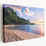 Scenic Kauai landscape on stretched canvas, featuring lush greens and blues, ideal for kitchen wall art.