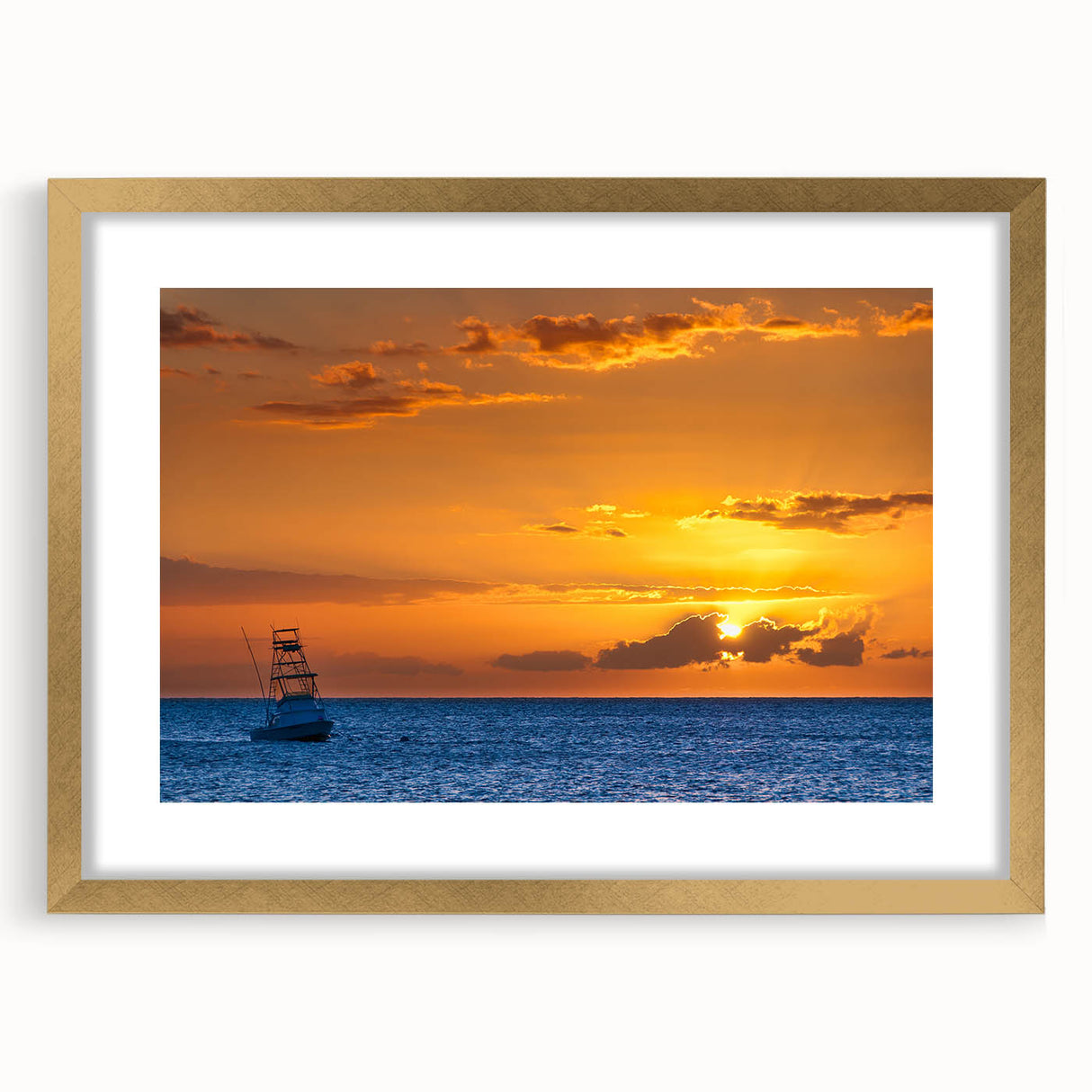 Extra large abstract art print depicting textured scenery of Maui, in a gold frame, suitable for living room decor.