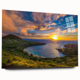 Large abstract wall art of Oahu's coastline in muted blue and green shades on acrylic glass.