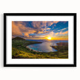 Extra large abstract art print of colorful, textured scenery of Oahu, Hawaii in a black frame, ideal for living room decor.