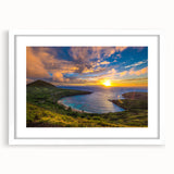 Abstract art print of Oahu's landscape in muted green and blue tones on a framed canvas, suitable for dining room decor.