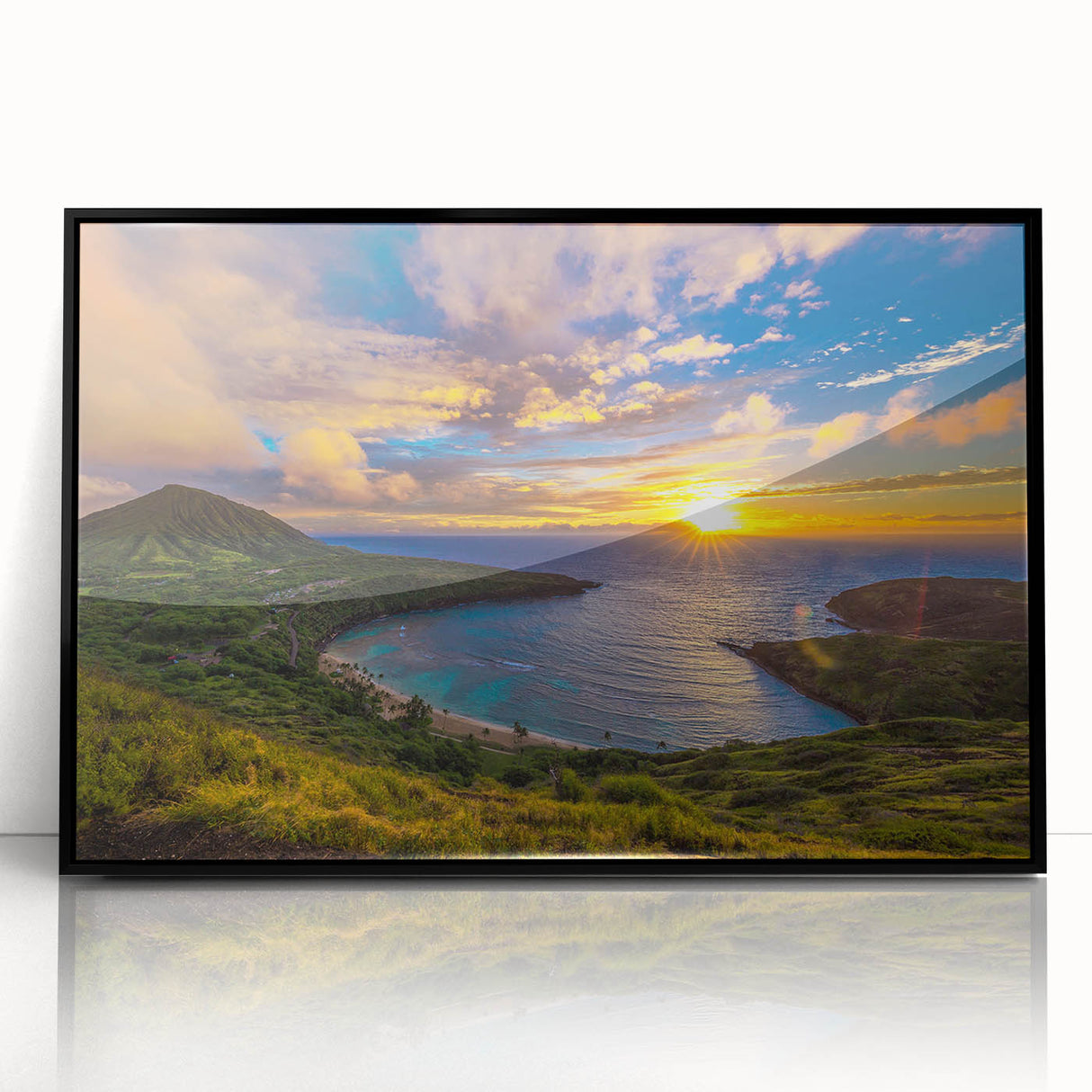Large abstract wall art depicting Oahu's coastline in muted gray tones on a framed acrylic.