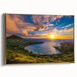 Vintage poster art of Oahu landscape on framed canvas, featuring black and gold tones, ideal for bedroom wall decor.