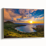 Framed canvas featuring a vintage-style landscape painting of Oahu, Hawaii, with vibrant colors on a black background.