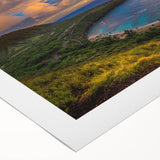 Art deco poster of Oahu, Hawaii, featuring bold, geometric shapes and a palette of teal and coral, printed on rolled canvas.