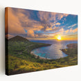 Scenic Oahu coastline depicted in muted blue and green shades on a stretched canvas, suitable for kitchen wall art.