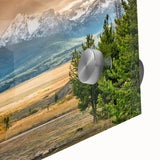 Large abstract wall art depicting Idaho scenery in muted earth tones on acrylic glass, ideal for dining room ambiance.