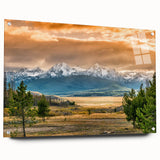 Acrylic print of a large abstract depiction of Idaho scenery in muted earth tones, suitable for bedroom or dining room decor.