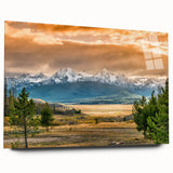 Large abstract wall art of Idaho scenery in muted earth tones on acrylic glass, suited for bedroom or dining room decor.