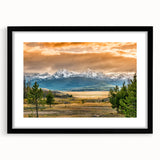 Extra large, textured abstract art print of colorful Idaho scenery in a black frame, ideal for living room decor.