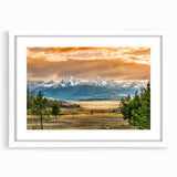 Abstract art print of Idaho scenery in muted earth tones on a framed white mat, ideal for dining room decor.