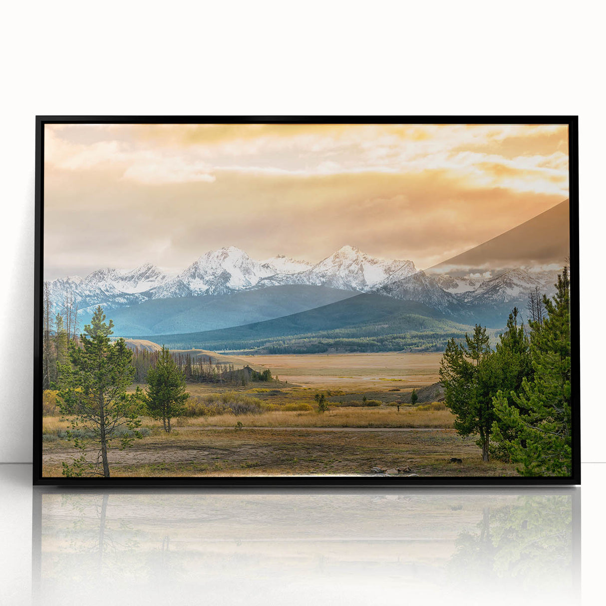 Large abstract wall art featuring a scenic Idaho landscape in muted earth tones on a framed acrylic print.