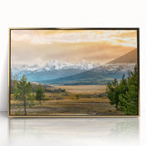 Mid-century modernist style Idaho scenery on framed acrylic, featuring earthy tones, ideal for nursery wall art.