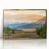 Mid-century modernist art of Idaho scenery in muted green and brown tones, framed acrylic, ideal for modern art wall decor.