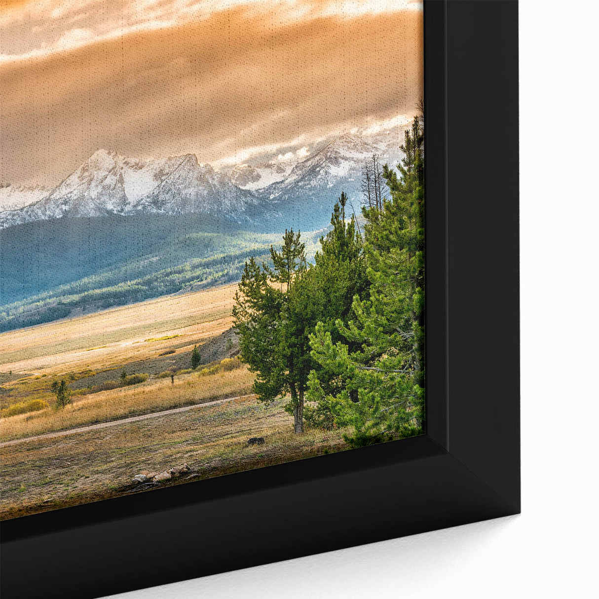 Textured black wall art depicting Idaho scenery on extra large framed canvas, featuring colorful art elements.
