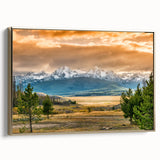 Framed canvas depicting a vintage-style Idaho landscape in muted gold and black, ideal for bedroom wall decor.