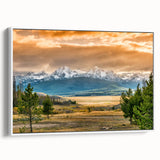 Vintage poster art of Idaho scenery on framed canvas, featuring vibrant colors against a black backdrop.