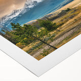 Art Deco poster of Idaho scenery on rolled canvas, featuring muted earth tones, ideal for dining room ambiance.