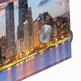 Large abstract depiction of Chicago skyline in muted blue and gray on acrylic glass, ideal for dining room art.