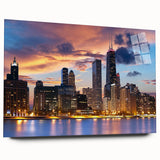 Large abstract depiction of Chicago skyline in muted blue tones on acrylic glass, ideal for bedroom or dining room art.