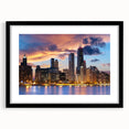 Extra large abstract art print of colorful Chicago skyline, textured on black framed canvas, ideal for living room decor.