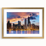 Extra large abstract art print of Chicago skyline in muted gray and blue tones on a gold-framed canvas.