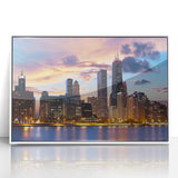 Acrylic print of Chicago skyline in art deco style with muted blue and gray tones, ideal for modern art wall decor.