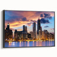 Black and white framed canvas of Chicago skyline, ideal for bedroom wall art with a vintage poster style.