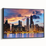 Black and white framed canvas of Chicago skyline, ideal for bedroom wall art with a vintage poster style.