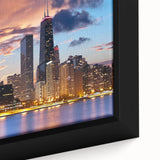 Framed canvas depicting a close-up view of Chicago's skyline in black with textured, colorful accents.